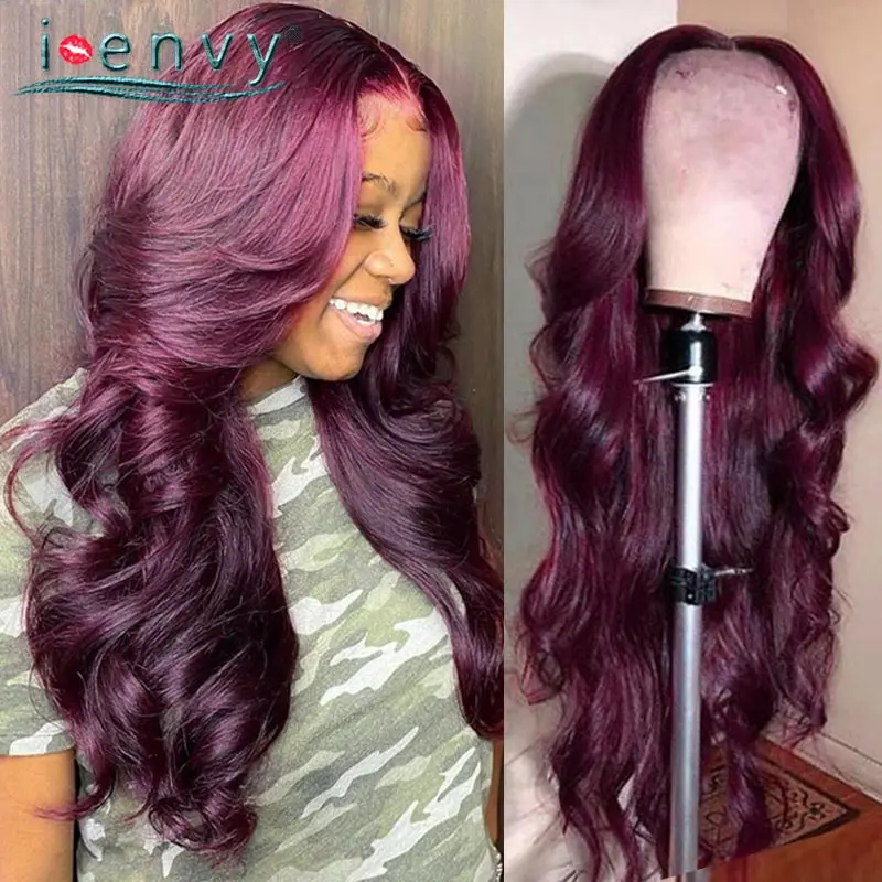 

Парики из натуральных бордовых волос 99J, волнистые, прозрачные, перуанские, красные, черные, женские, Реми, 180%