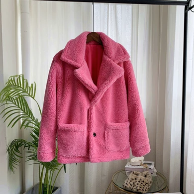 Rose Red ZADORIN осенне-зимнее Свободное пальто с лацканами и длинными рукавами с карманом для женщин, большие размеры из искусственной овечьей шерсти меховая куртка женская уличная одежда - Цвет: Rose Red