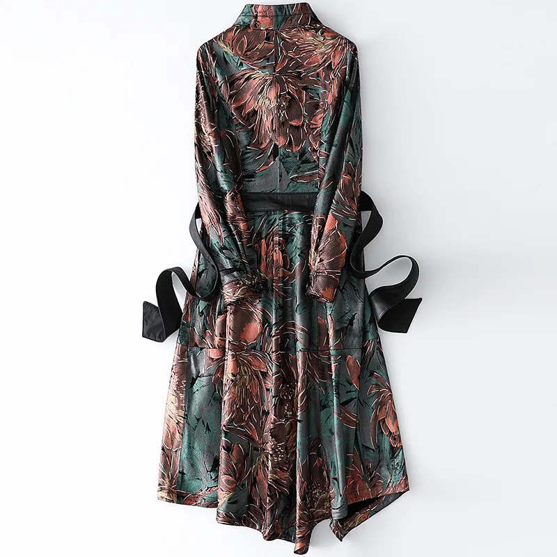 Vintage Printed Sheepskin Female Long Jackets Real Fur Spring Chic Slim Coat Outwear High Quality Leather Jacket with Sashes