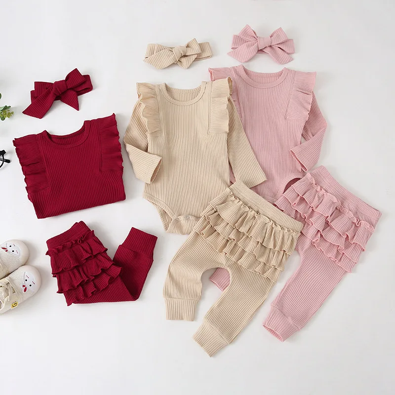 

Newborn Baby Girl Clothes Set Toddler Girls Outfit Knit Cute 3Pcs Ruffle Button Romper+Pants+Headband New Born Clothing
