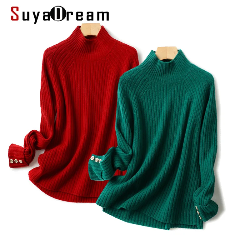 

SuyaDream 2021 100%Basulan Wool Mock Neck Pullovers Raglan Sleeves 2021 Fall Winter Ribs Sweater for Woman Christmas Red Green