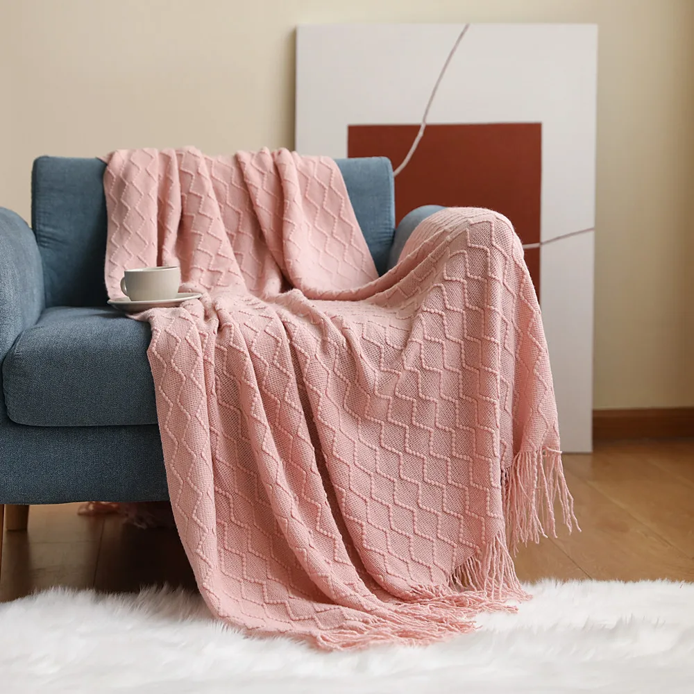 

Inya Throw Blankets for Couch Pink Textured Knit Blankets with Tassel Fringe Soft & Lightweight Decorative Zigzag Throws