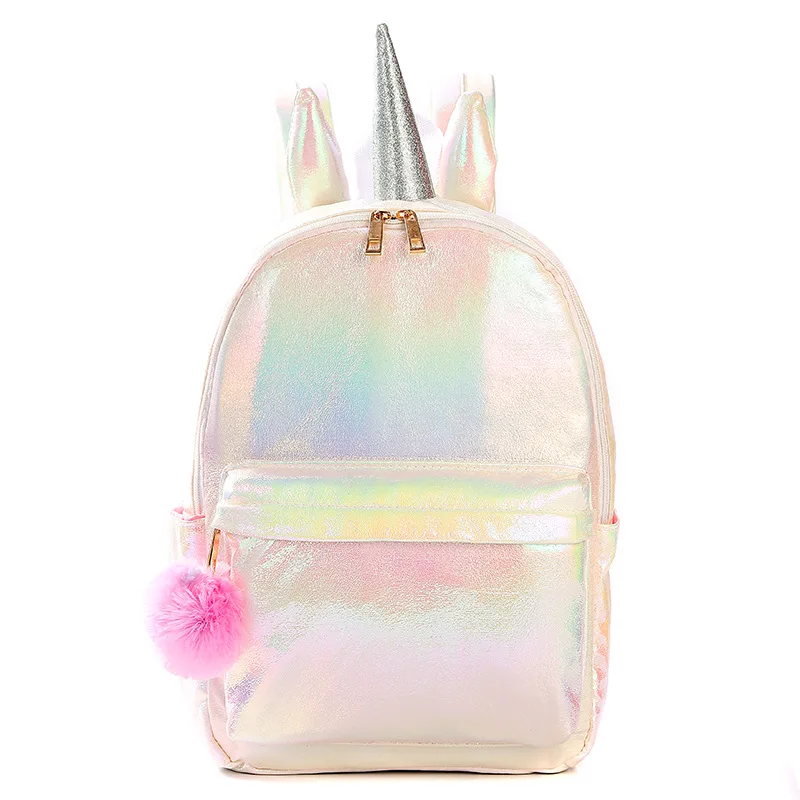 

unicorn school bags pu woman backpack polyester Waterproof bookbag for women teenager with Pom Pom causal travel backpacks