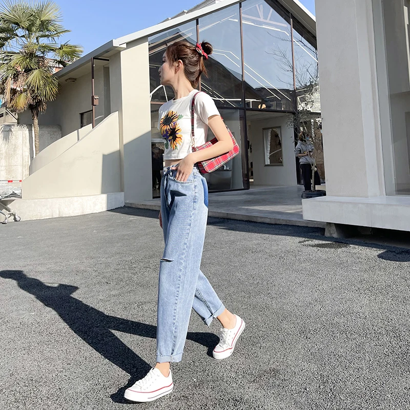 

2021 Harlan High-Waisted Casual Straight-Leg Slimming Jeans Women With Contrast Pockets and Personality Holes