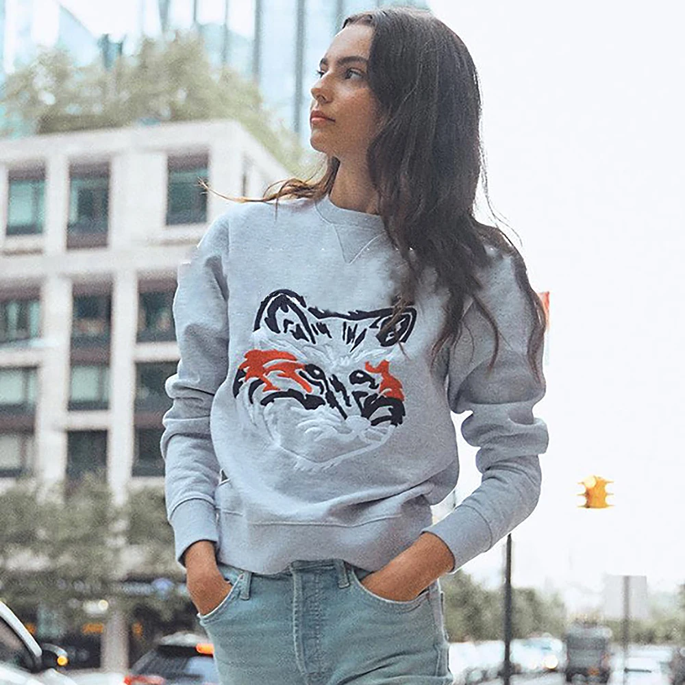 

Rowling Chic Color Matching Big Fox Embroidery Women Sweatshirts Long Sleeve Cotton Lady Pullover Casual Classic Cozy Femme Tops