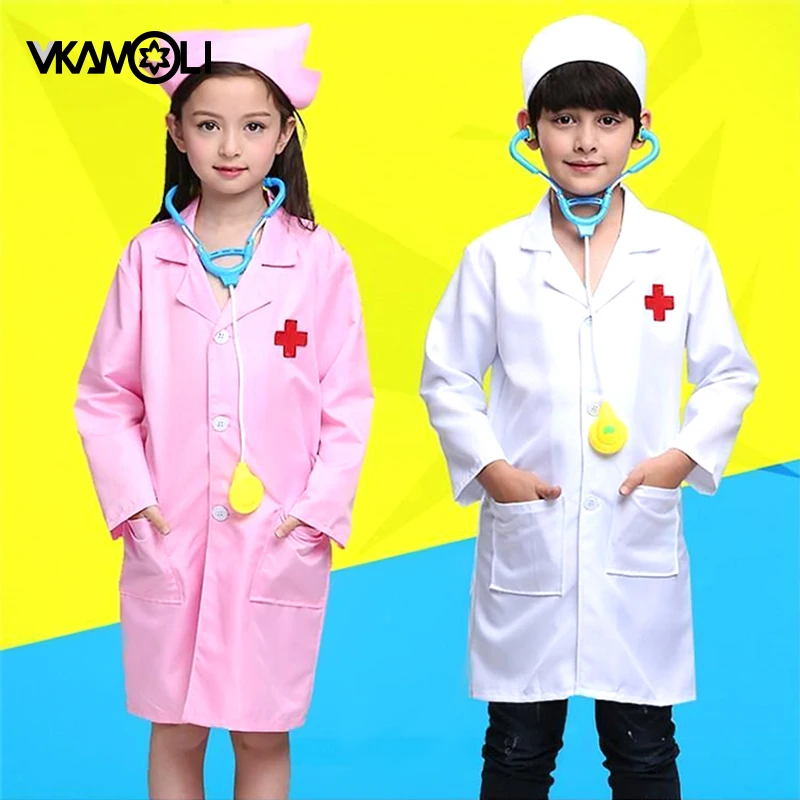 vkamoli Carnival Children's Costumes White Doctor Coat Nurse Gown with Toys Medical Uniform Kids Girl Boys Stage Performance