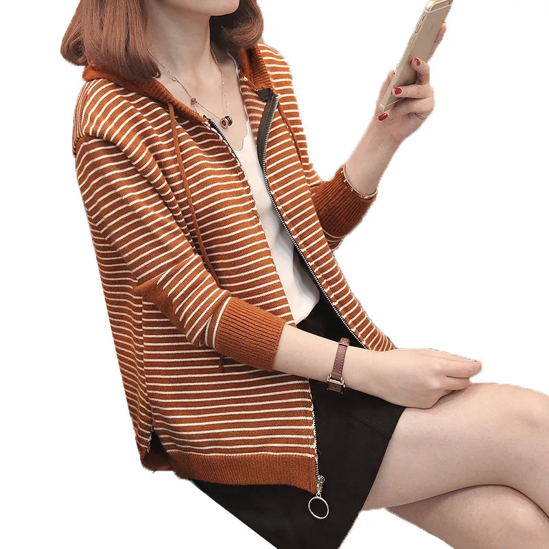 

2020 Knitted Cardigans Spring Autumn Cardigan Women Casual Long Sleeve Tops Striped Hooded Women Sweater Coat Short Jacket J317
