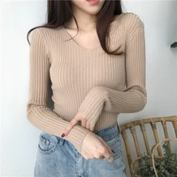 korean autumn v neck sweater knitted fashion sweaters 2021 slim winter tops for women pullover jumper pull femme truien dames