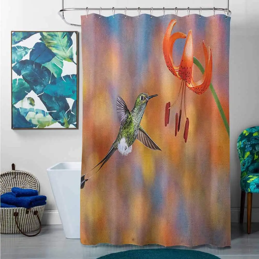 Shower Curtains That Dont Need a Liner Hummingbird The Booted Racket Tail Feeding Nectar from Tiger Lily Blur Background Photo | Дом и сад