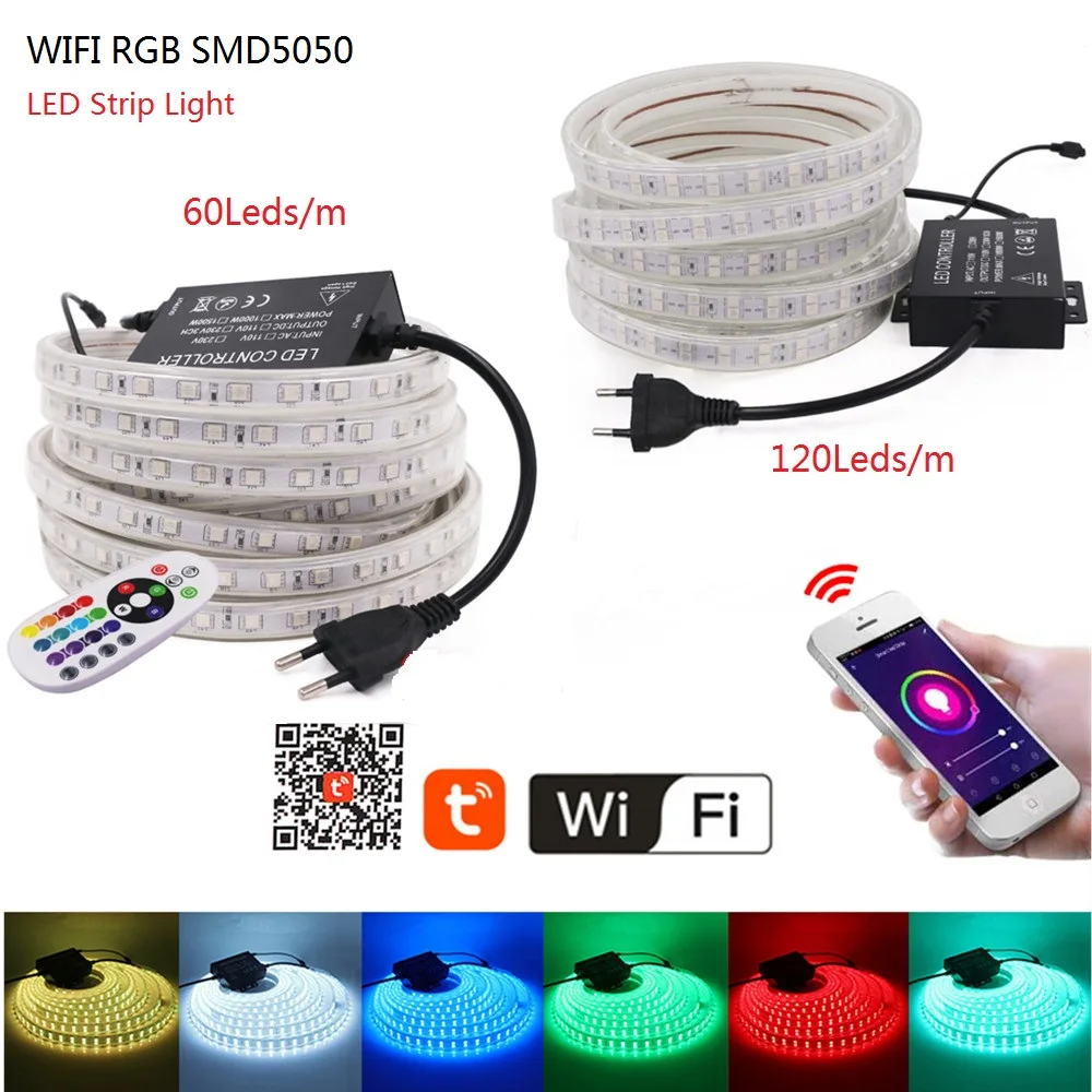 

WIFI RGB Led Strip SMD5050 60Leds/m 120Leds/m Flexible Ribbon Light With 24key Remote Waterproof Tape Rope Lamp EU UK AU Power