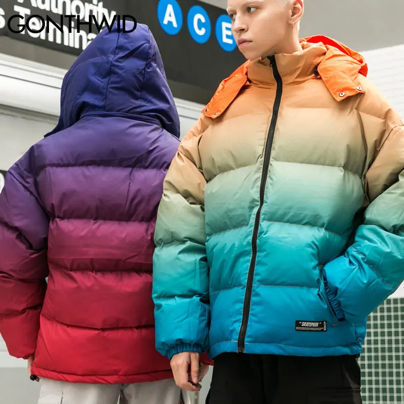 GONTHWID Радужная градиентная Съемная парка с капюшоном куртки в уличном стиле