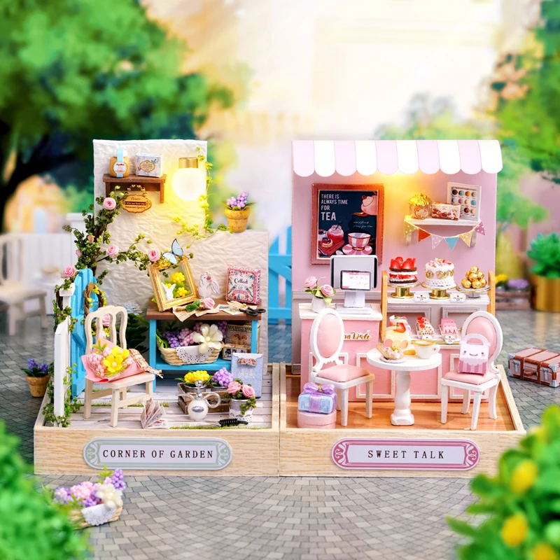 

New Miniature Wooden DIY Doll house Set Cake Room Flower Studio Casa Dollhouse Toys Model Kids Birthday Gift Surprise