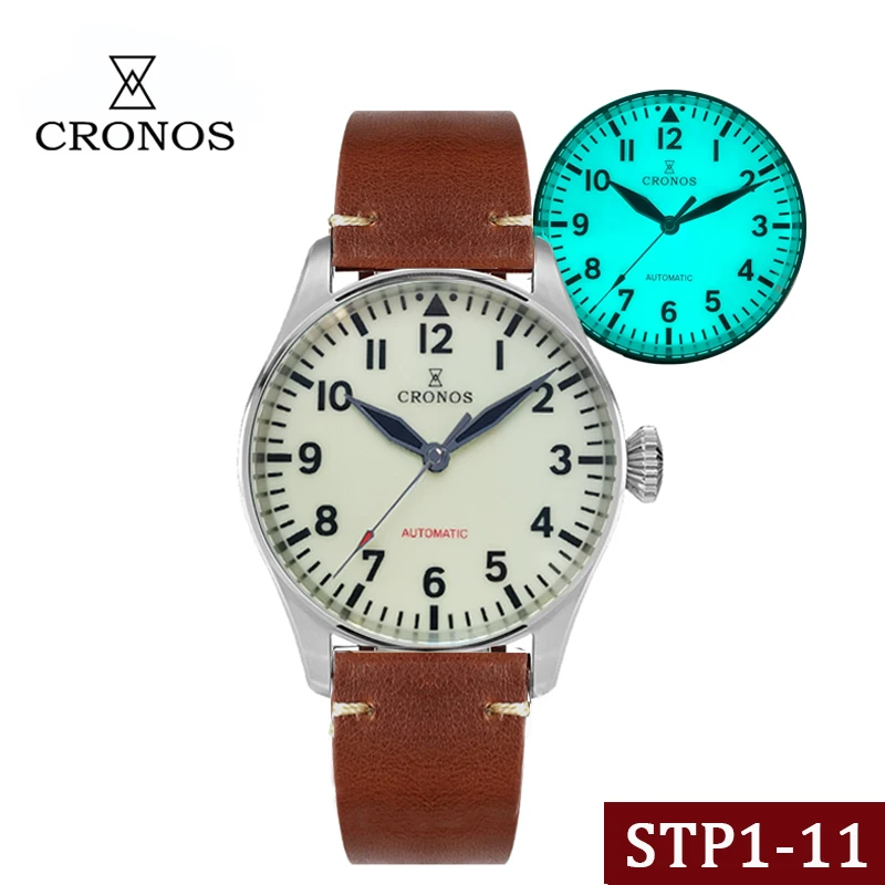 

Cronos Men's Pilot Watch 42mm Full BGW-9 Blue Luminous Sapphire STP 1-11 Automatic Movement Skeleton Back Leather Strap 10Bar