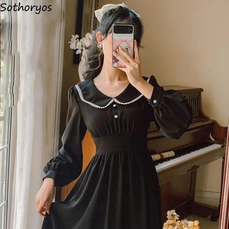 

Женское платье с длинным рукавом, кружевное Плиссированное приталенное платье в стиле ретро с воротником «Питер Пэн» и пуговицами, элегант...