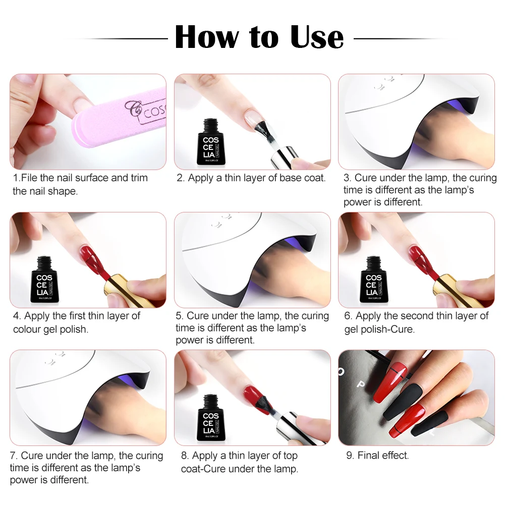 

COSCELIA Gel Polish Semi-permanent UV LED Lamp Gel For Manicure Set Soak Off Nail Gel LED Nail Art Base Top Coat Tools Set
