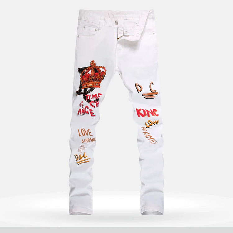 Повседневные мужские джинсы с принтом букв модные облегающие белые Стрейчевые