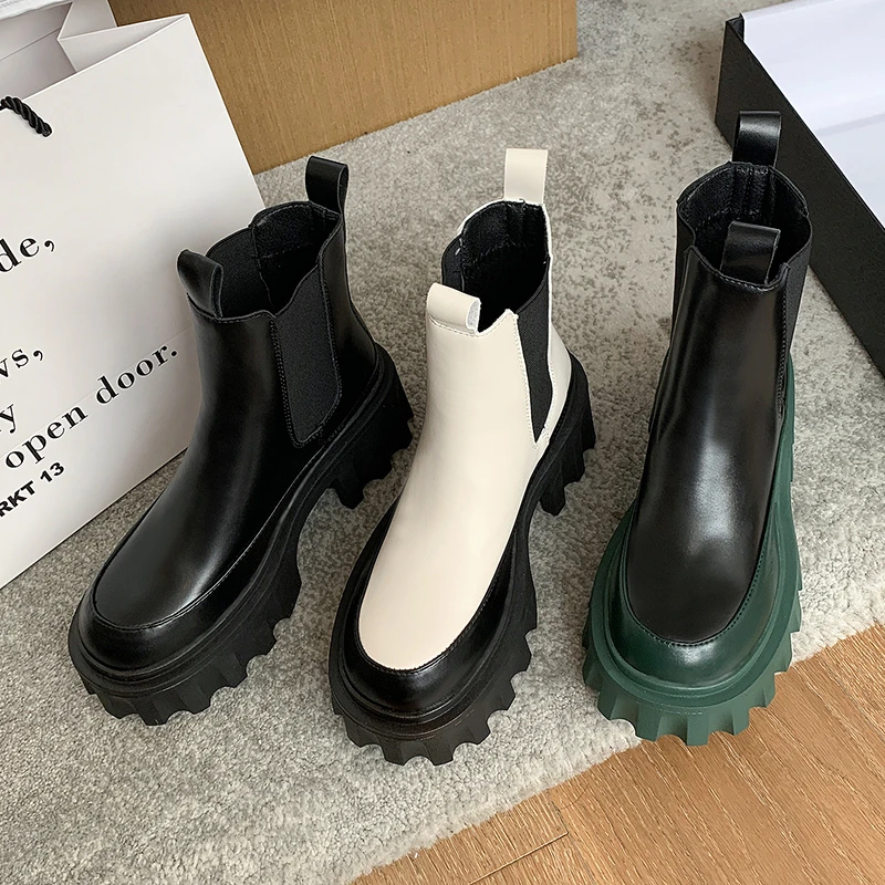 Женские ботинки челси на платформе коричневые черные бежевые или белые короткие