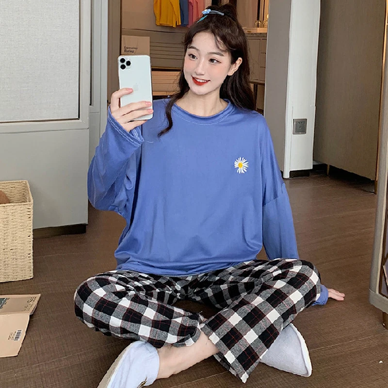 

Пижама женская SLPBELY, порезанная Маргаритка, с длинным рукавом, домашняя одежда, штаны в клетку, Свободные повседневные пижамы, костюмы из дву...