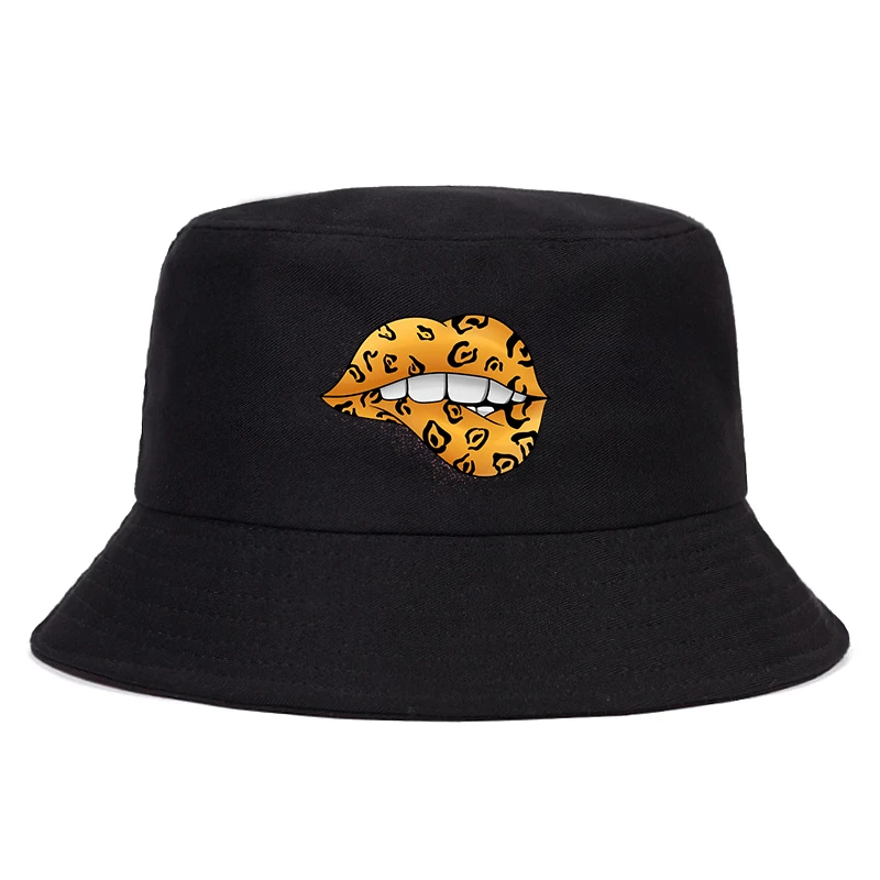 

Women Summer Fashion Leopard Lips Printed Fisherman Cap Short Sleeve Cap Lips Bucket Harajuku Korean Street Tops Bucket Hat