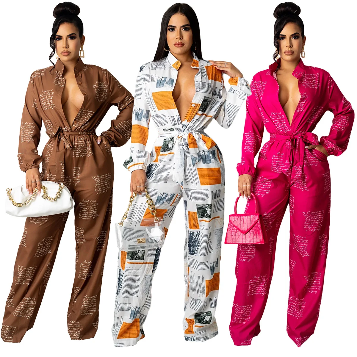 

Women Jumpsuit Print Bandage Wide Leg Jumpsuits Office Lady Fashion Rompers Casual One Piece Overalls Fall