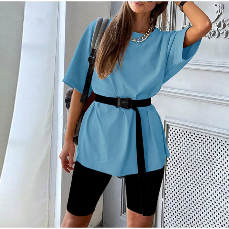 

2021 Summer Streetwear Loose Casual New Women's Biker Shorts Tracksuit 2 Pieces Set Female Solid Sets With Belt Half Sleeve