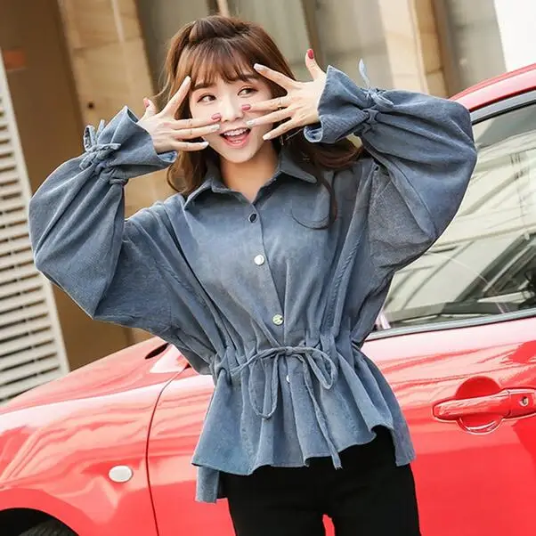 2020 Вельветовые женские рубашки с расклешенными рукавами рабочая блуза