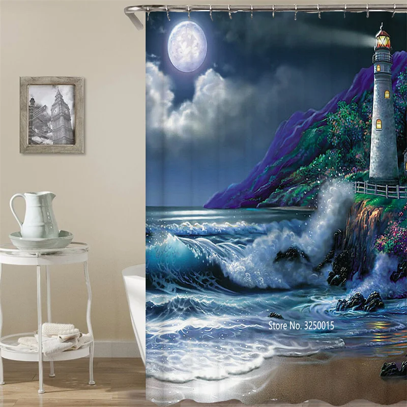 

Landscape Scenery Primitive Jungle Sea Wave Starfish Conch Shell Vintage Wooden Door Shower Curtain Waterproof and Mildew Proof