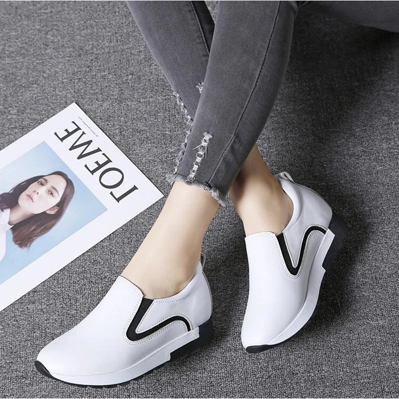 

Genuine Leather Platform Heel Sneaker for Woman Pumps Lady Fashion 2020 Slip on White Wedges Shoes for Women Breathable Sneakers
