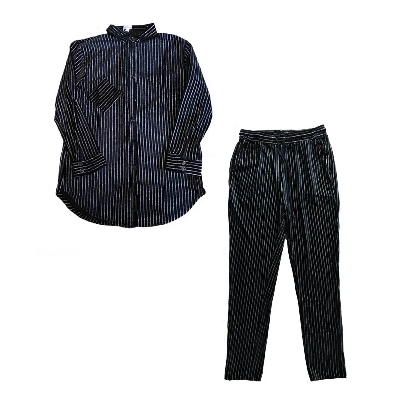 

Men 2 Piece Suits Sets (shirt+pant) Male Vintage Fashion Streetwear Hip Hop Loose Stripe Shining Casual Shirt Trouser