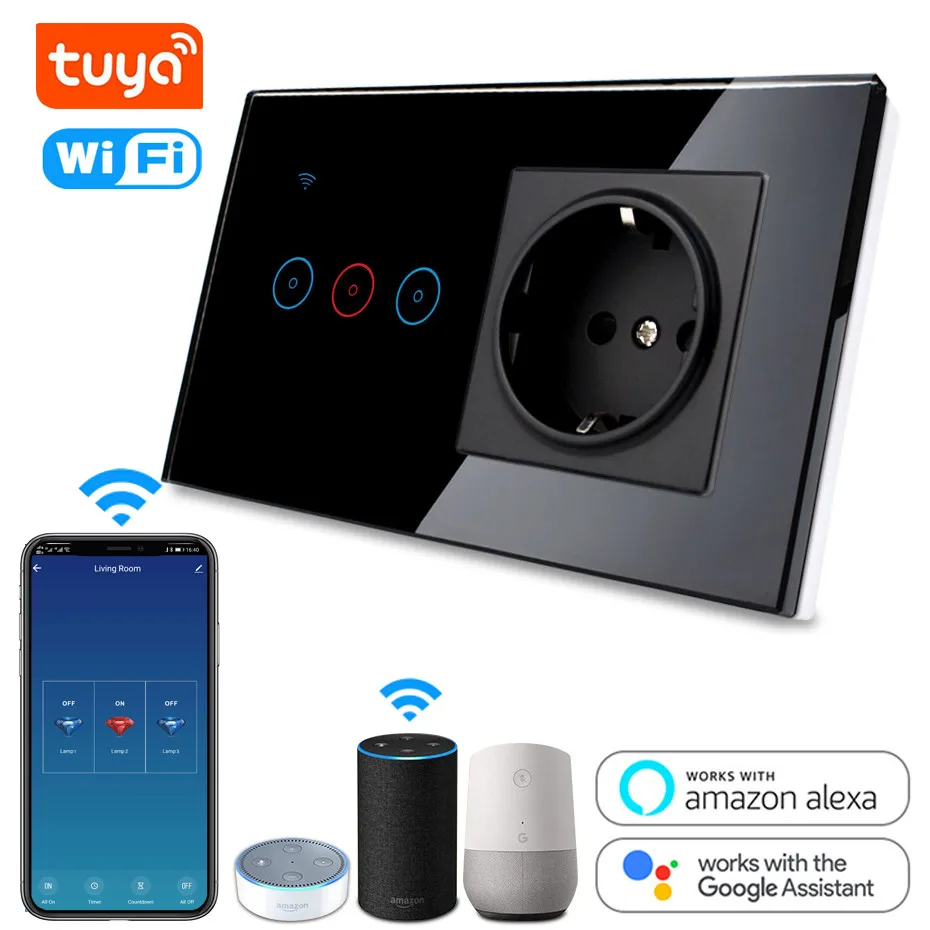 

Tuya WiFi Light Switch + 16A Smart Wall Outlet Combo, Smart Life APP Remore Control WiFi Socket Work with Alexa, Google Home