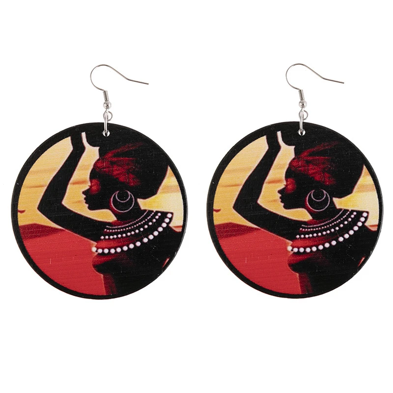 

1 Pair African Style Black Girl Earrings Wooden Round Print Ear Hook Multicolor Ethnic Personalized Fashion Jewelry Women Gifts