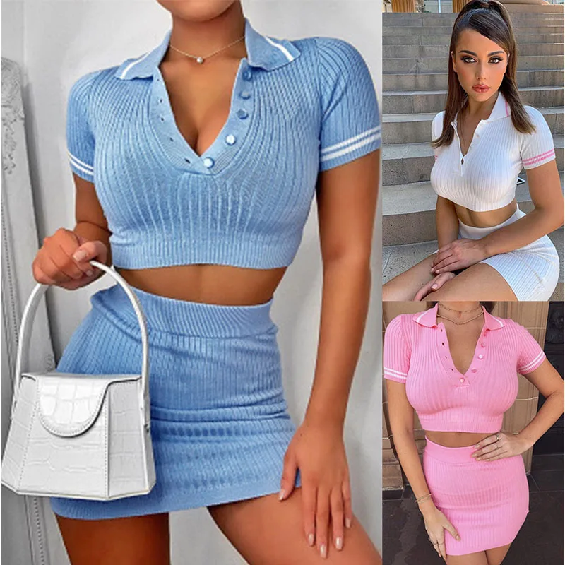 

Summer Fashion Sexy Turn-down Buttons Collar Low-cut Women's Mini Package Hip 2-piece Set 2021 Casual Ladies Knitt Ribbing Suits