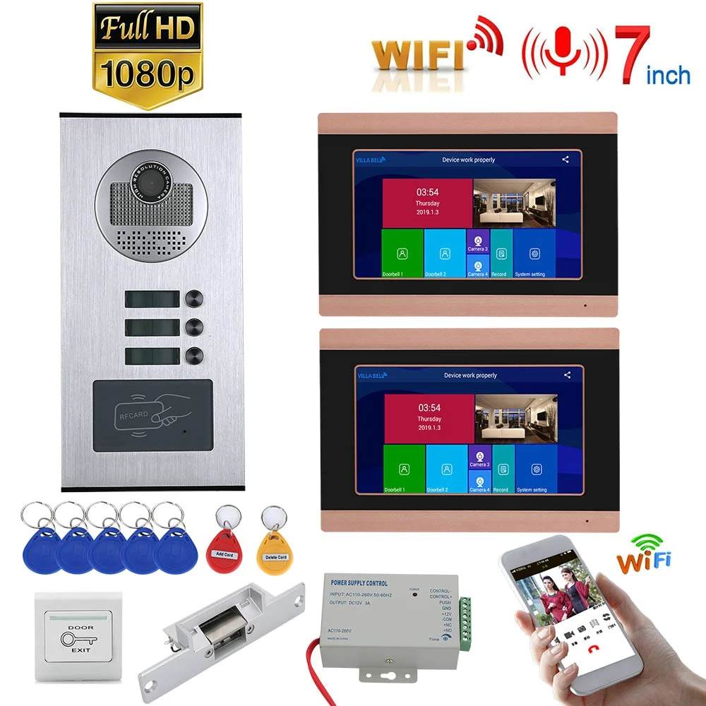 

7" Record Wired Wifi Video Intercom 2 Apartments Doorphone System with RFID 1080P Doorbell Camera+ NO Electric Strike Door Lock