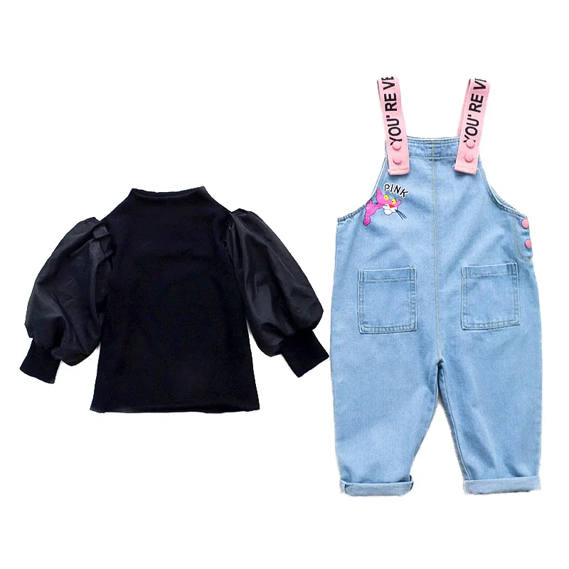 

Girls' Leopard Suspender Pants Set 2021 Spring New Korean Style Puff Sleeve Bottoming Shirt Suspender Pants Two-Piece Set