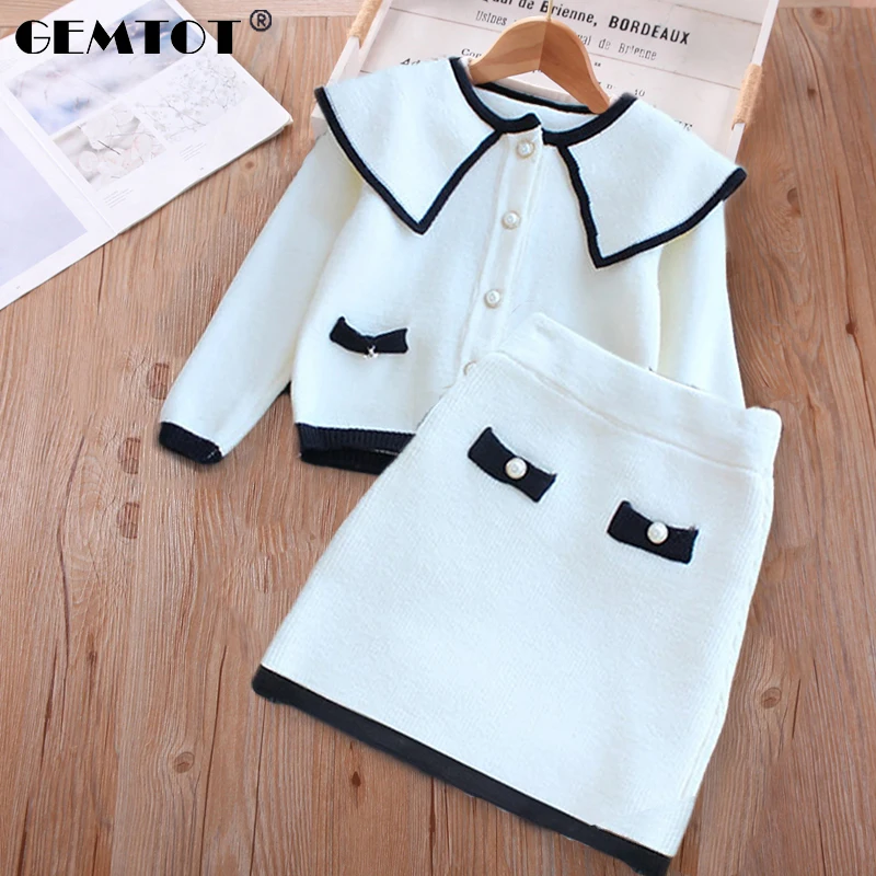 

2022 Spring New Girls Fashion Sweater Suit Long Sleeve Cardigan Skirt 2 Pieces Set White Classic Small Fragrance Elegant Suit