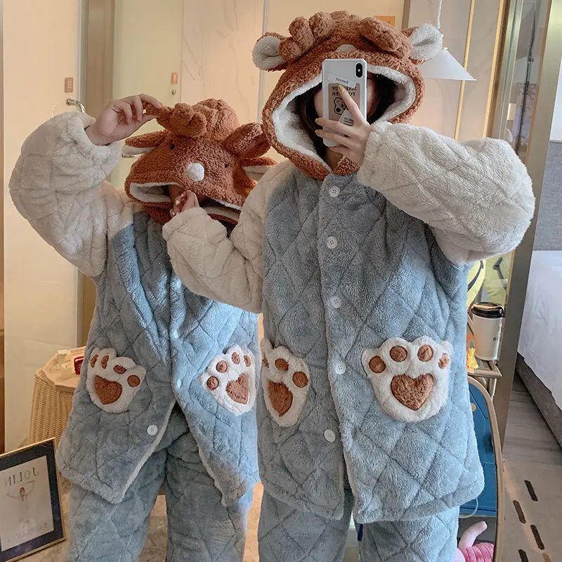 

Winter Couples Warm Pijama Set 3-Layer Thick Flannel Sleepwear Large Size Pajama Women Kigurumi Lovers Men Home Clothes Gift XXL