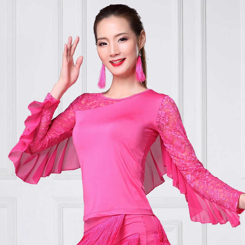 Rose red Бальный Танец Топ Дамы с длинным рукавом сексуальные кружевные рубашки женский взрослый вальс, фламенко Современная тренировочная одежда представление DNV11929 - Цвет: Rose red