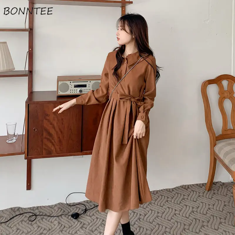 

Женское платье с длинным рукавом, однотонное платье-трапеция до середины икры с воротником «Питер Пэн», винтажное платье во французском сти...