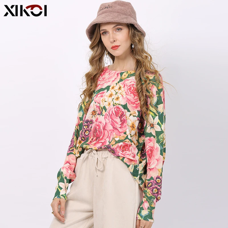 [Так красиво] зимний свитер с цветочным принтом женские пуловеры вязаный джемпер