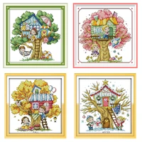 cartoon tree house series embroidery counting cross stitch kit 11ct 14ct stamped printing needle and thread set room decoration
