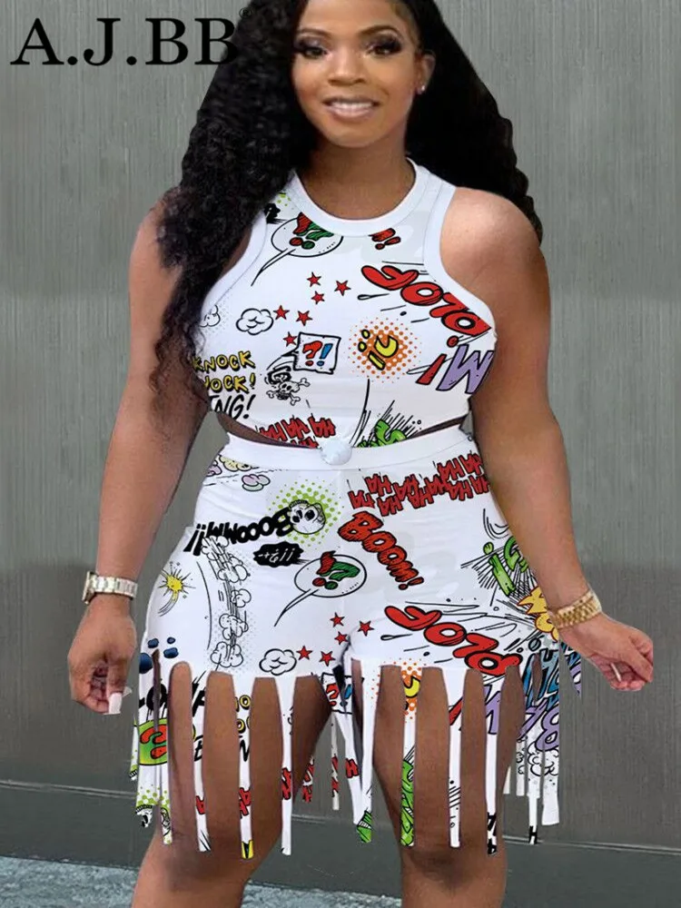 

2021 summer new leisure cartoon printing fashion two piece slim o-neck sleeveless vest and shorts women's suit