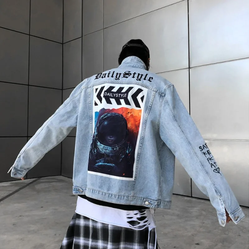 

New high street astronaut stickers cardigan denim jacket men and women couple jacket coats