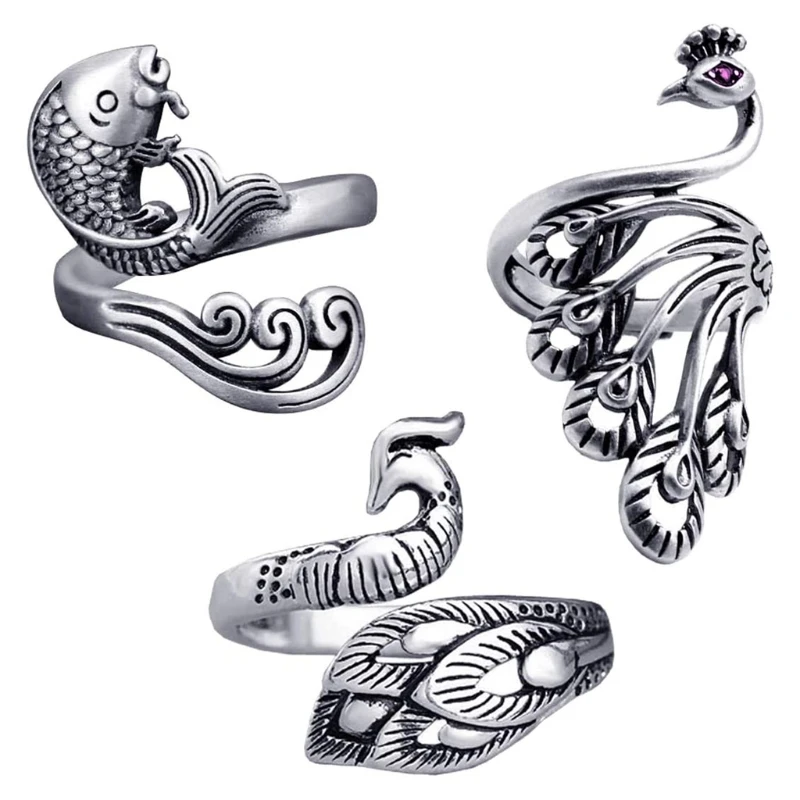 

3Pcs Knitting Loop Crochet Ring Set Adjustable Fish Peacock Braided Ring Metal Yarn Guide Finger Rings Holder Jewelry