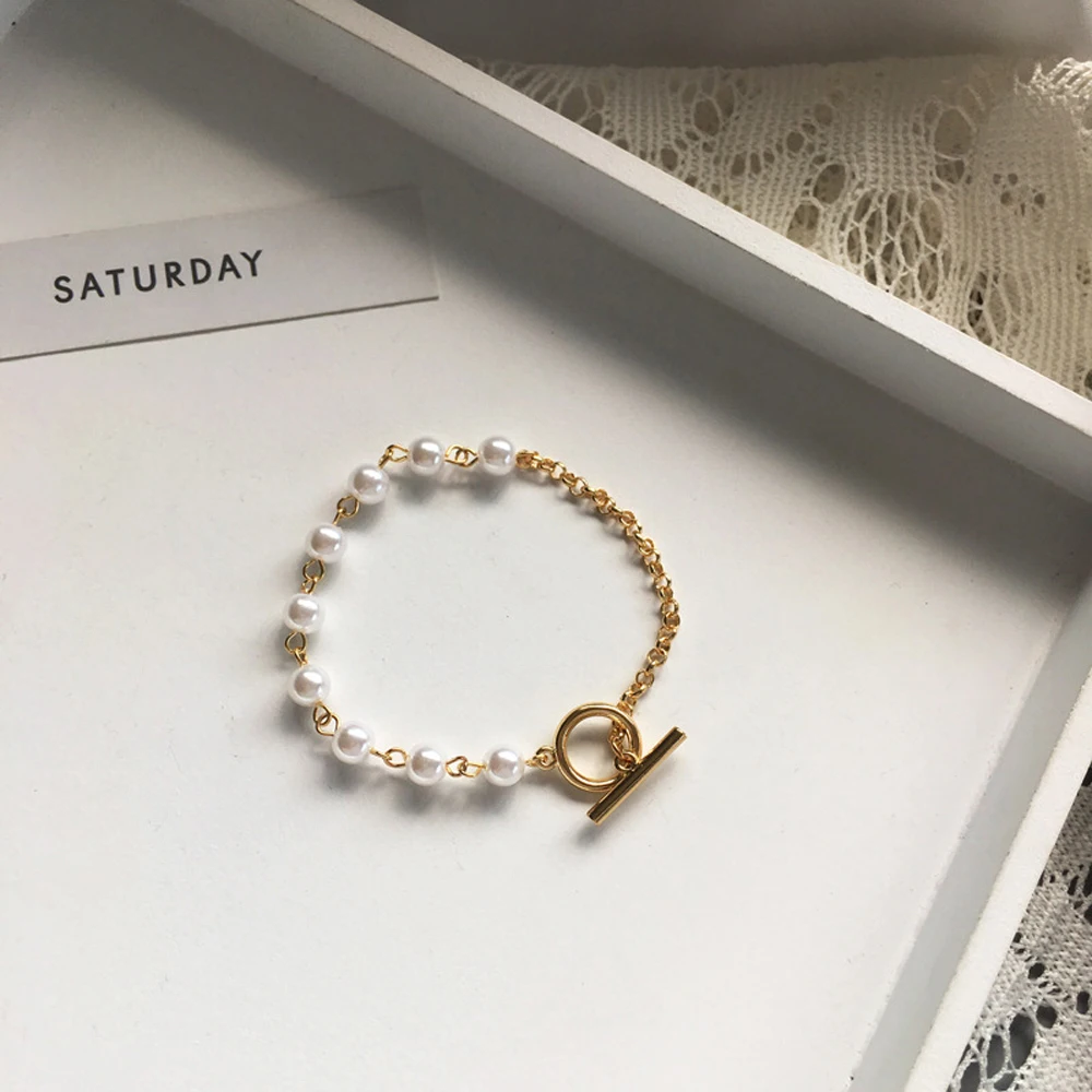 

Trendy Jewelry Artifical Pearl Bracelet Sweet Korean Temperament Golden Plating Chain Bangle adjustable Girl Student Party Gifts
