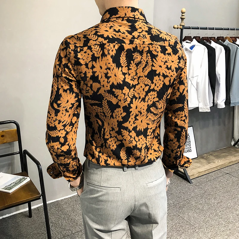 

Loldeal New Men Long-sleeved Shirt Slim Print British Style Casual