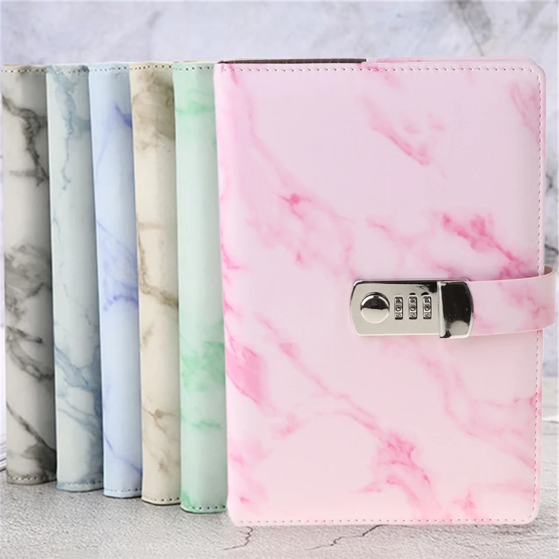 

G92E A5 Marble Texture Notebook Password Lock Notebooks Leather Notepad Agenda Weeks