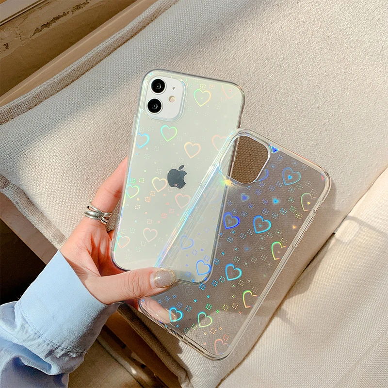 

Fashion Gradient Laser Love Heart Pattern Transparent Phone Case For iPhone 11 12 13 Pro Max 7 8 Soft TPU Shockproof Phone Cover