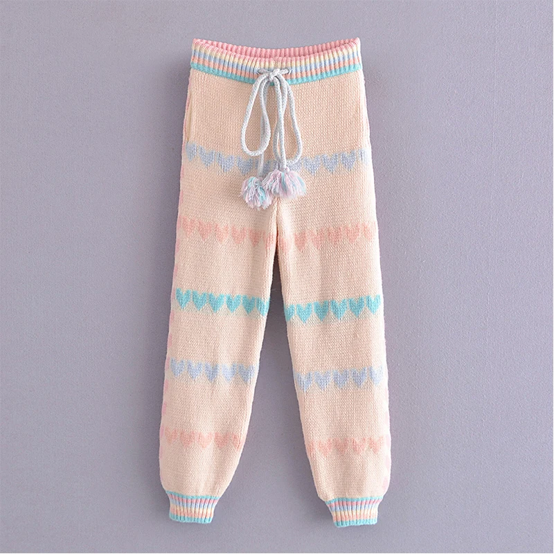 

Модные женские трикотажные брюки популярного цвета с сердечками YENKYE, женские повседневные осенне-зимние длинные брюки с завязкой на талии