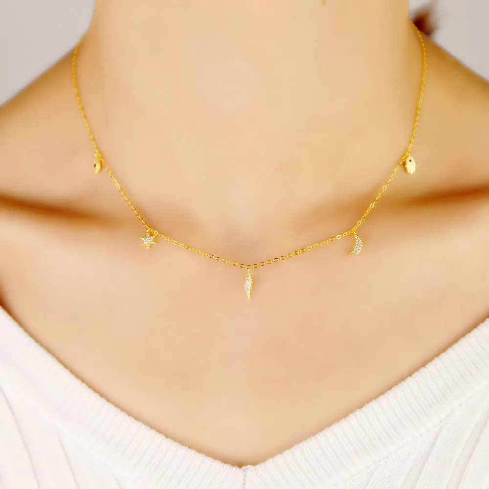 Latest pure 925 sterling silver cz mirco paved eye mini sun light moon hand charm pendant necklace gold color women wedding gift | Украшения