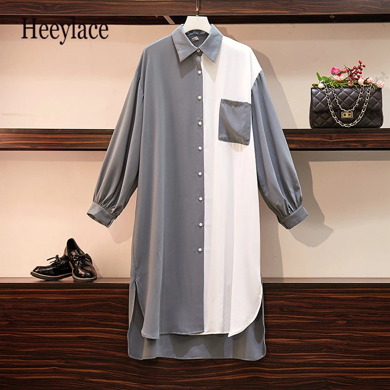 Женское шифоновое платье рубашка размера плюс осень 2019 пэчворк цвет длинный